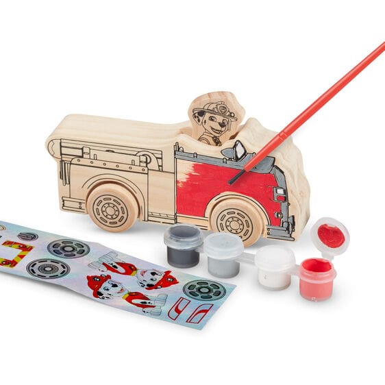 MELISSA & DOUG Paw Patrol Wooden Craft Kit Vehicles: Chase and his police car, Marshall and his fire engine, and Skye and her helicopter with paint and shiny foil stickers - 33266