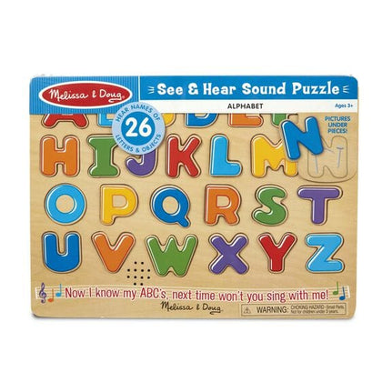 MELISSA & DOUG Alphabet Sound Puzzle: This 26-piece wooden puzzle pronounces the correct name of each letter when it is placed correctly in the puzzle board - 340