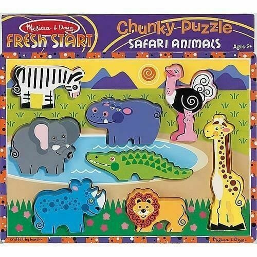 MELISSA & DOUG Safari Chunky Puzzle: Eight easy-grasp, chunky wild animal pieces have full-color, matching pictures underneath - 3722