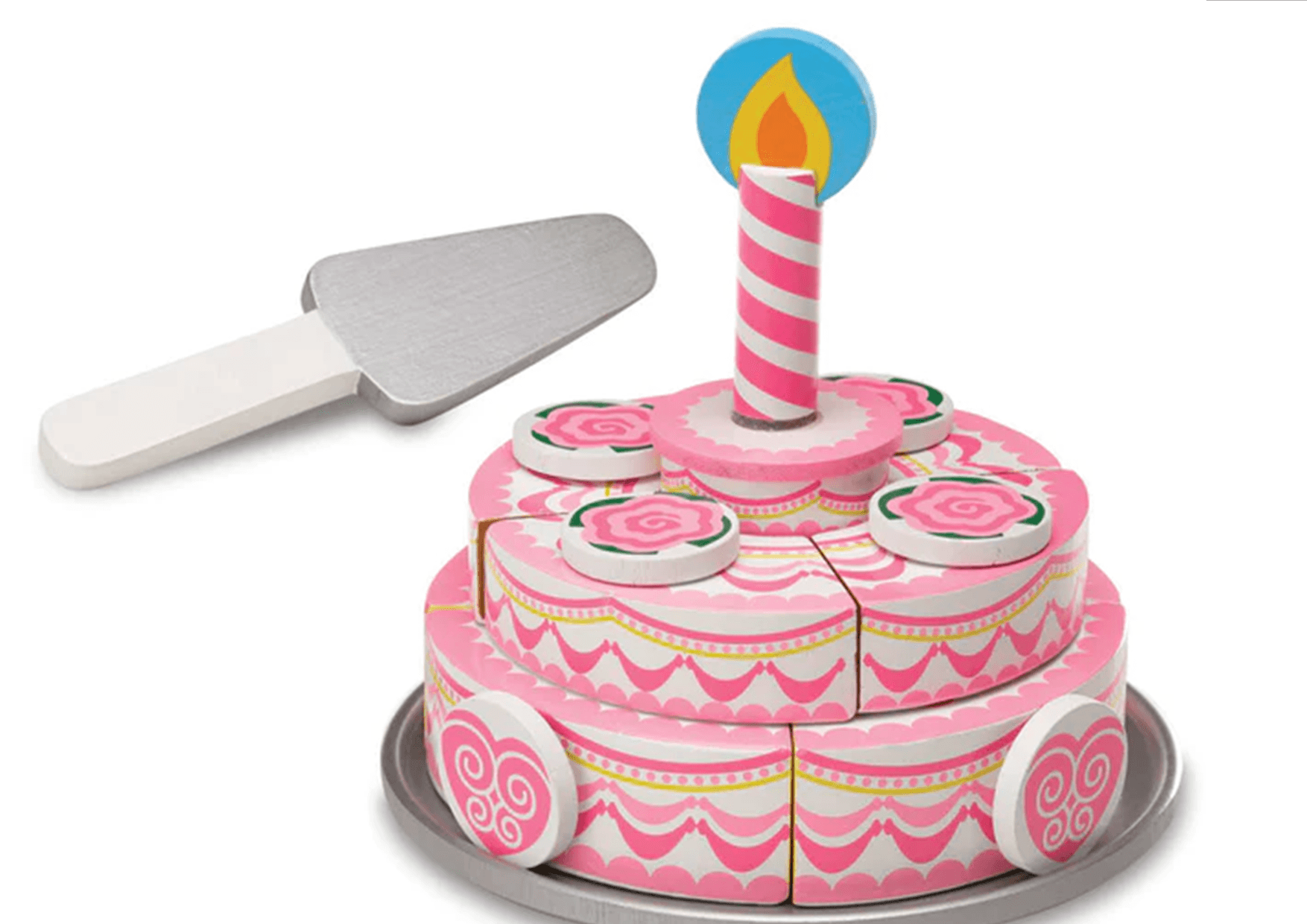 MELISSA & DOUG Triple-layer Party Cake - Wooden Play Food: With self-stick tabs on each piece, the wooden sections stick together easily then slice apart with the included wooden knife - 4069