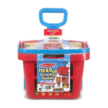 MELISSA & DOUG  Fill & Roll Grocery Basket Play Set: Load up on play kitchen and grocery store essentials and get playtime rolling with this durable rolling grocery basket -  M&D-4073