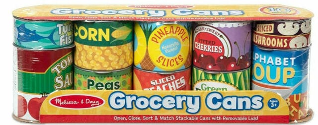 MELISSA & DOUG Lets Play House! Grocery Cans: Stock a pretend pantry with this collection of lidded cardboard play-food cans - M&D-4088