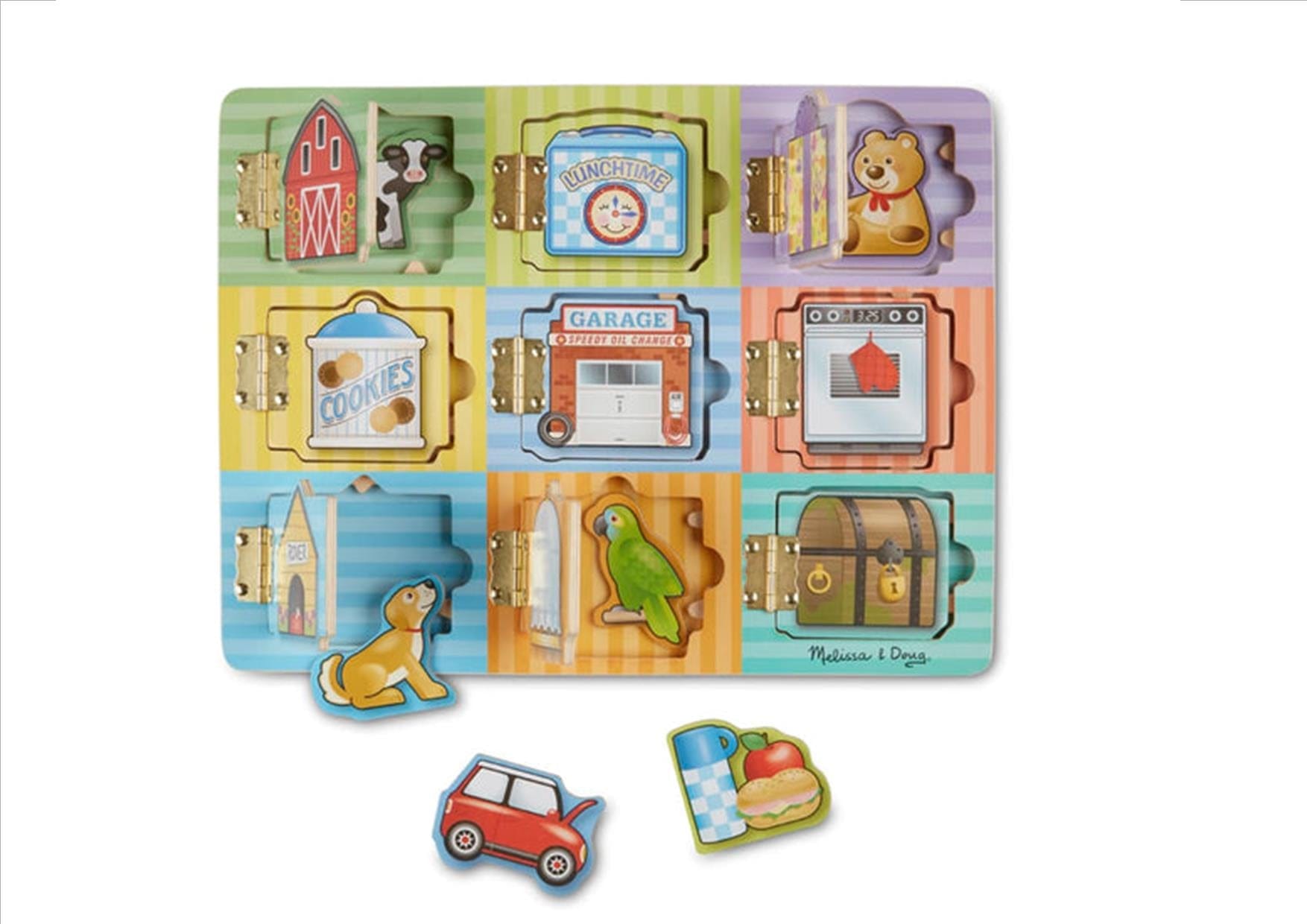 MELISSA & DOUG Magnetic Hide & Seek Board: When opened, a colorful magnetic piece is revealed. Move the pieces behind different doors for guessing fun - M&D-474