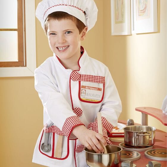 MELISSA & DOUG Chef Role Play Costume Set: This set comes complete with a set of measuring spoons, two wooden utensils, an oven mitt and a name tag for personalizing - 4838