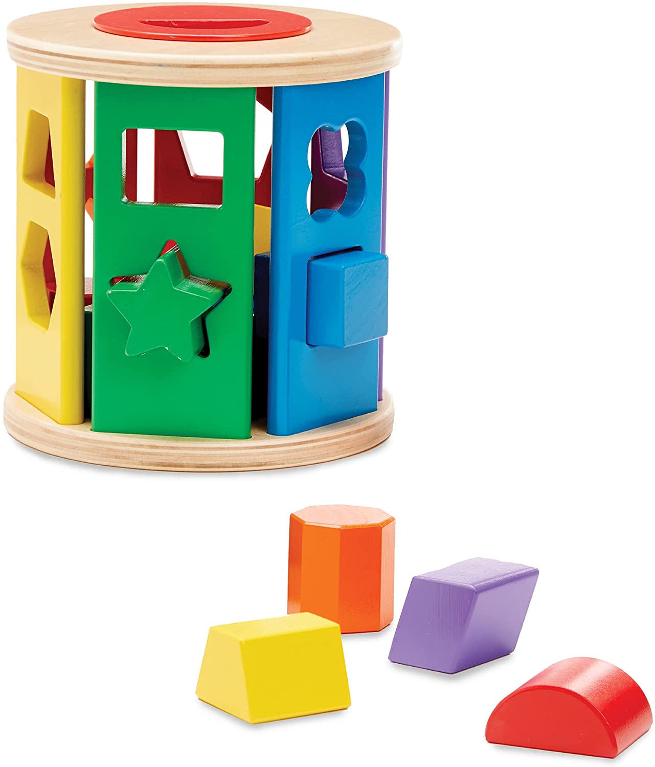MELISSA & DOUG Match And Roll Shape Sorter: Toddlers can drop the dozen-plus vibrant wooden shapes--including a triangle, octagon, star, rectangle, square, trapezoid, hexagon - M&D-9041 ebuystt