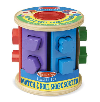MELISSA & DOUG Match And Roll Shape Sorter: Toddlers can drop the dozen-plus vibrant wooden shapes--including a triangle, octagon, star, rectangle, square, trapezoid, hexagon - M&D-9041