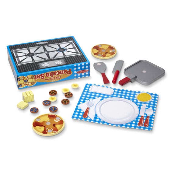 MELISSA & DOUG  Flip & Serve Pancake Set Wooden: A young chef can prepare two golden-brown pancakes with all the fixings on a cooktop - M&D-9342