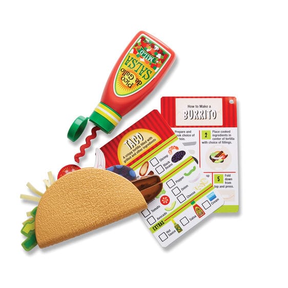 MELISSA & DOUG Fill & Fold Taco & Tortilla Set: Choose play food ingredients, pretend to grill sliceable wooden ingredients on the skillet - 9370