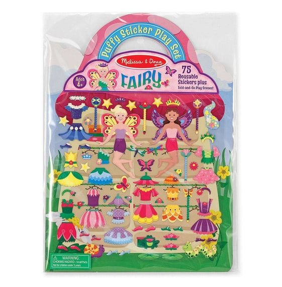 MELISSA & DOUG Puffy Sticker Play Set Fairy: This reusable puffy sticker set includes a sturdy double-sided background panel, plus 75 glitter-filled puffy stickers - 9414