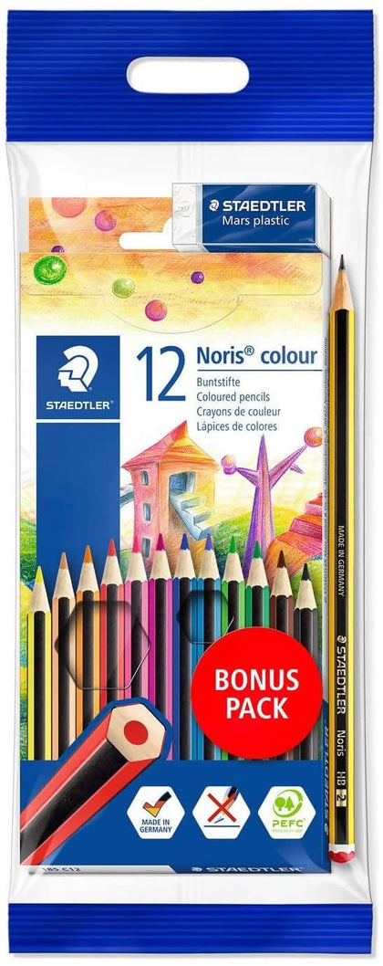 Staedtler Noris Colour 185 Coloured Pencils with a bonus Graphite Pencil and Eraser (Set of 12) are ideal for budding artists, art students, and for school, college and home hobbies and activities - 61SET6