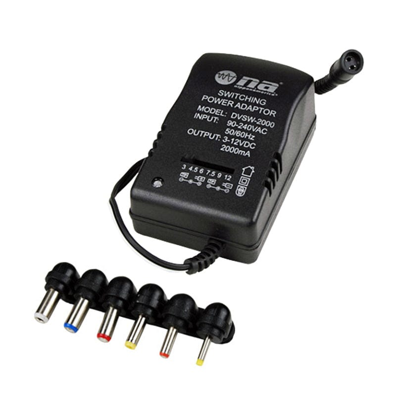 NA Switching Universal Power Adapter 2000mA  Universal 6 Plug Adapter Auto Voltage AC 90V-240V. DC Multiple Output Voltages: 3V, 5V, 6V, 7.5V, 9V and 12V DC  -DVSW-2000 Hannah's Variety Store