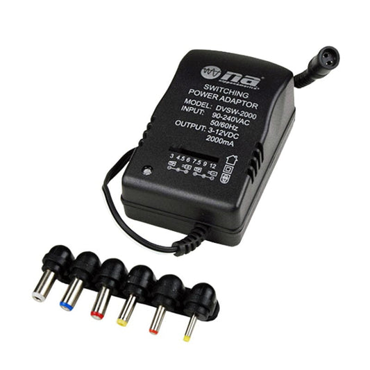 NA Switching Universal Power Adapter 2000mA  Universal 6 Plug Adapter Auto Voltage AC 90V-240V. DC Multiple Output Voltages: 3V, 5V, 6V, 7.5V, 9V and 12V DC  -DVSW-2000 Hannah's Variety Store