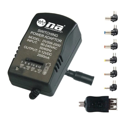 NA Switching Universal Power Adapter 2000mA  Universal 6 Plug Adapter Auto Voltage AC 90V-240V. DC Multiple Output Voltages: 3V, 5V, 6V, 7.5V, 9V and 12V DC  -DVSW-2000 Hannah's Variety Store