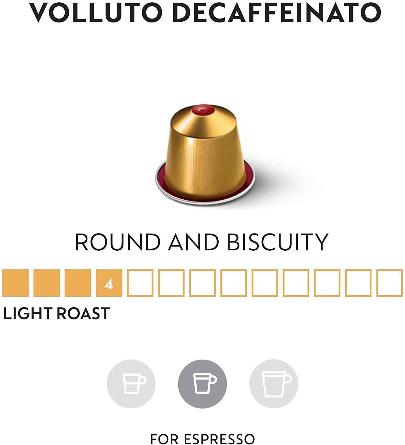 Nespresso Volutto Deccaffiento is delightfully sweet and smooth. It is a blend of pure and lightly roaster Arabicas from South America which reveals sweet and biscuity flavours, reinforced by a hint of acidity and a fruity note - NESC-1072 Elegant AccScents