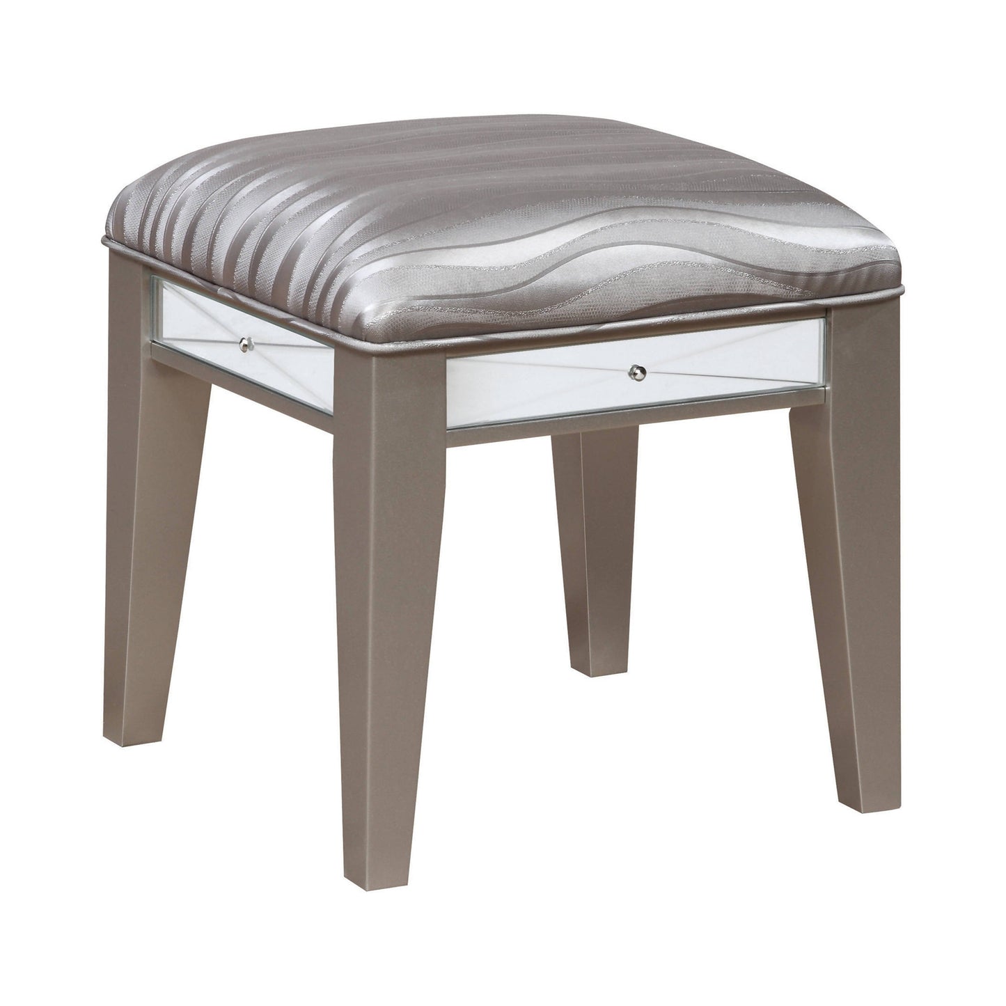 Leighton Vanity Desk And Stool Metallic Mercury Collection: Add Modern Glamour With This Vanity Desk And Stool Set, Etched Mirror Panel Along The Sides Of The Stool And Vanity Front Reflect Light Beautifully Throughout A Space. Leighton SKU: 204927 coastmega