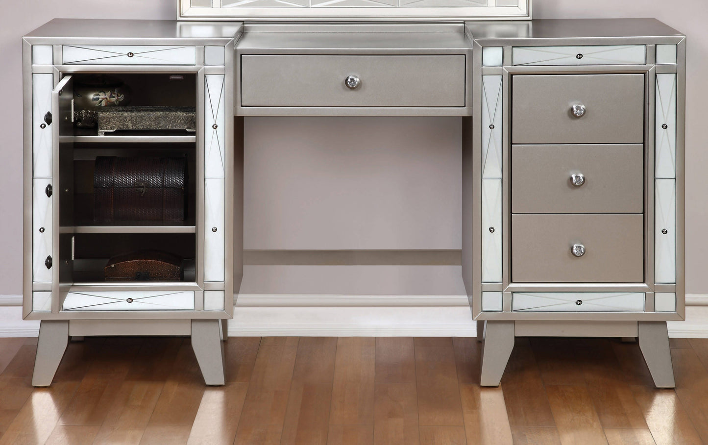 Leighton Vanity Desk And Stool Metallic Mercury Collection: Add Modern Glamour With This Vanity Desk And Stool Set, Etched Mirror Panel Along The Sides Of The Stool And Vanity Front Reflect Light Beautifully Throughout A Space. Leighton SKU: 204927 coastmega