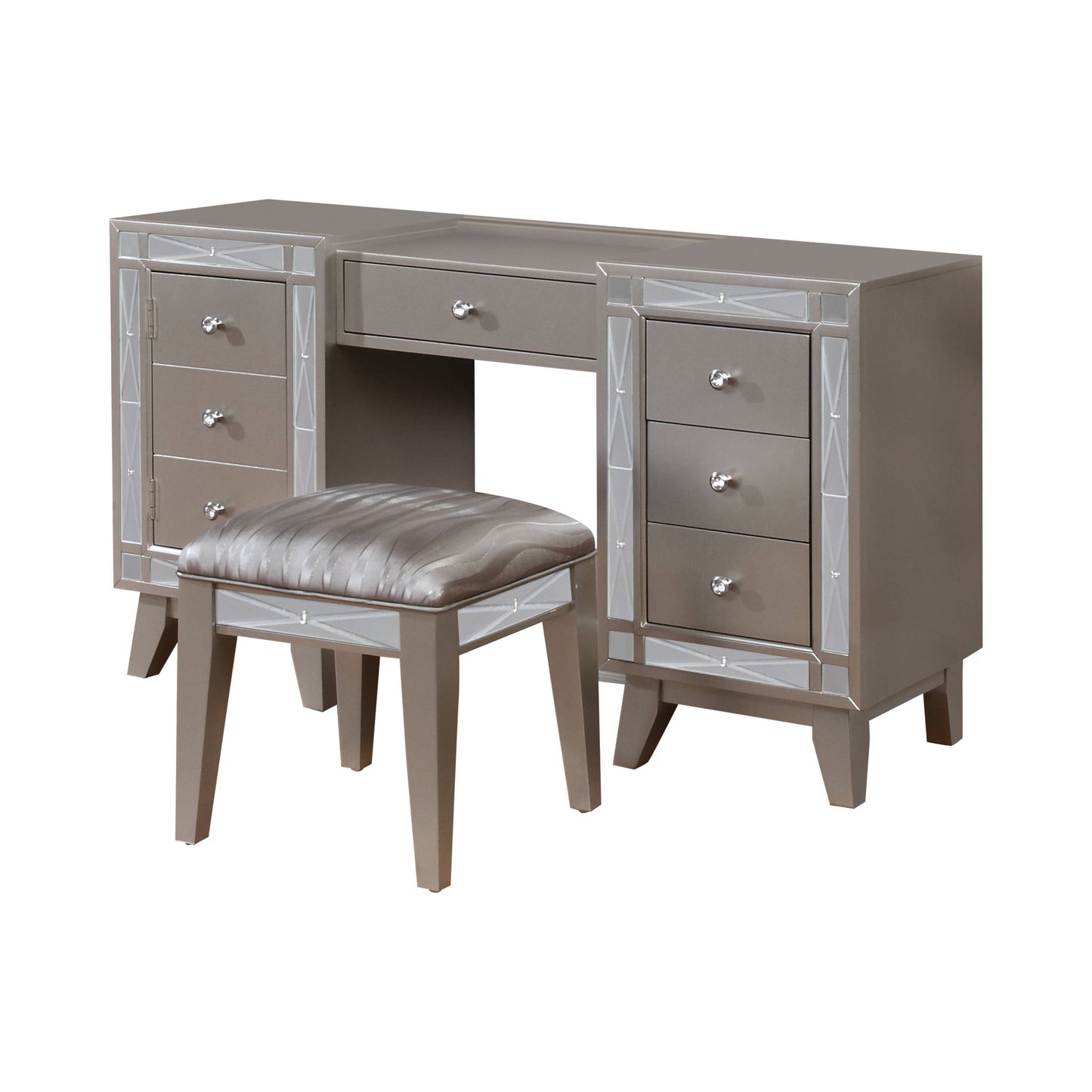Leighton Vanity Desk And Stool Metallic Mercury Collection: Add Modern Glamour With This Vanity Desk And Stool Set, Etched Mirror Panel Along The Sides Of The Stool And Vanity Front Reflect Light Beautifully Throughout A Space. Leighton SKU: 204927 coastmega