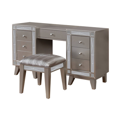 Leighton Vanity Desk And Stool Metallic Mercury Collection: Add Modern Glamour With This Vanity Desk And Stool Set, Etched Mirror Panel Along The Sides Of The Stool And Vanity Front Reflect Light Beautifully Throughout A Space. Leighton SKU: 204927