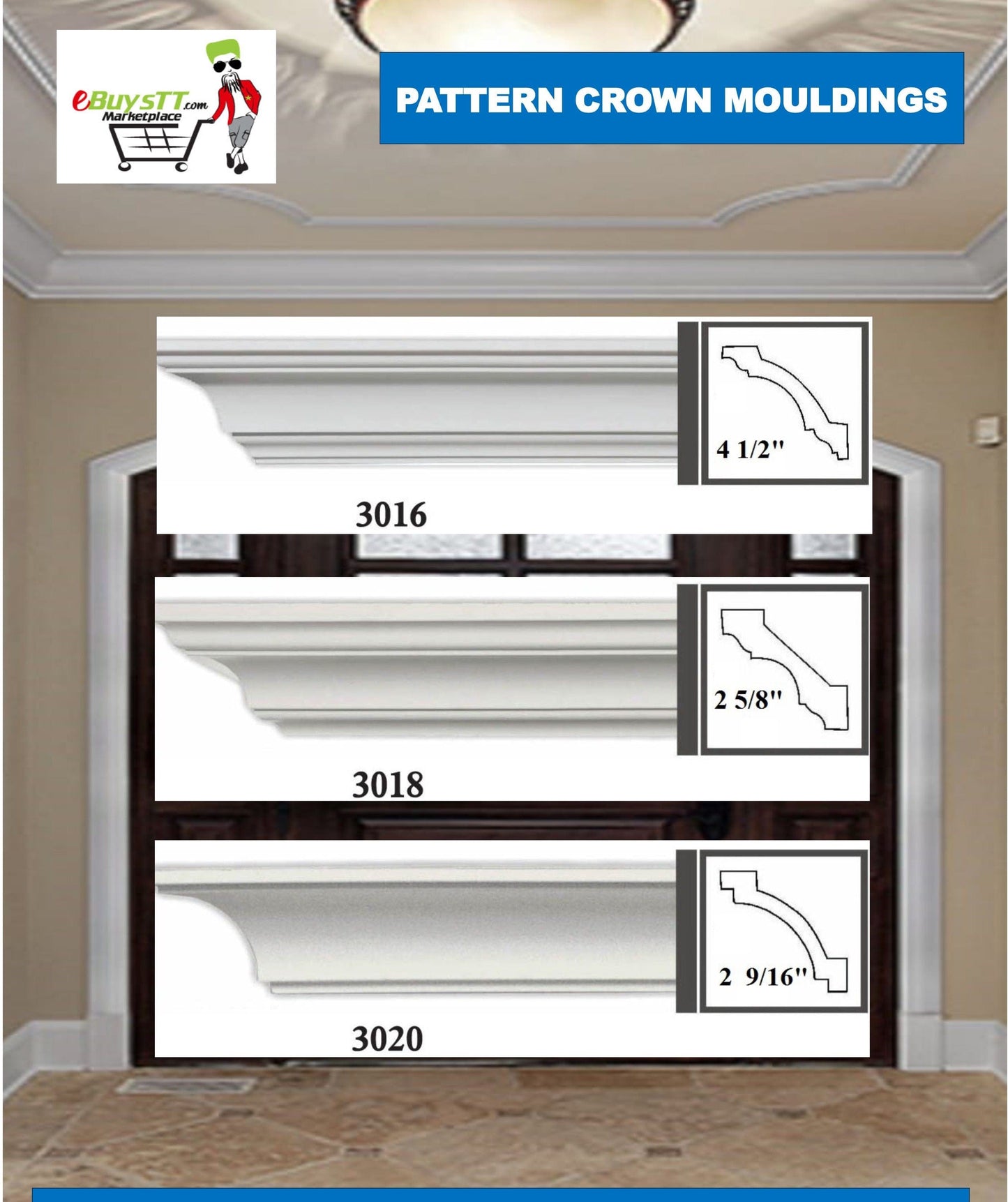 MOULDING Plain Crown Moulding Polyurethane- 8FT LENGTH in 12 Designs MARMEGA