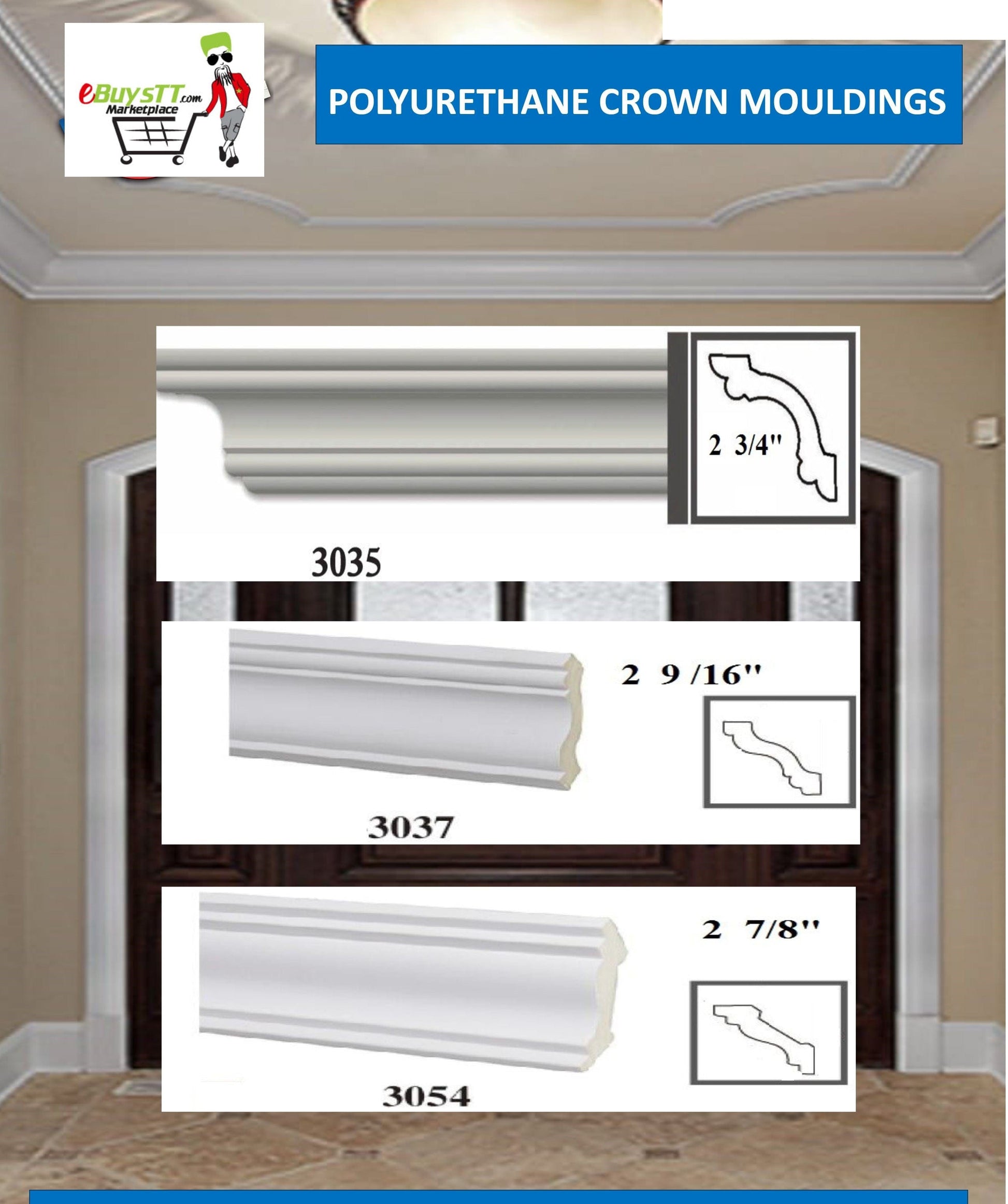 MOULDING Plain Crown Moulding Polyurethane- 8FT LENGTH in 12 Designs MARMEGA