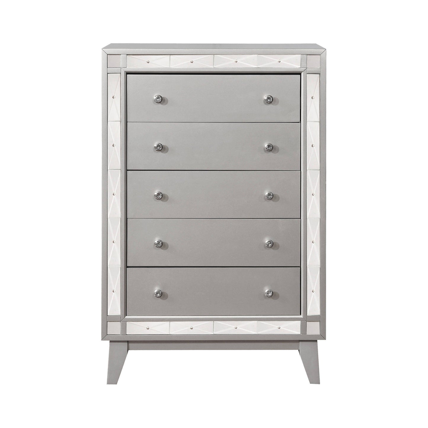 Leighton 5-Drawer Chest Metallic Mercury Collection: This Chest Adds A Touch Of Shimmer To Any Bedroom, Five Large Drawers Offer Plenty Of Convenient Space For Storage. Leighton SKU: 204925 coastmega