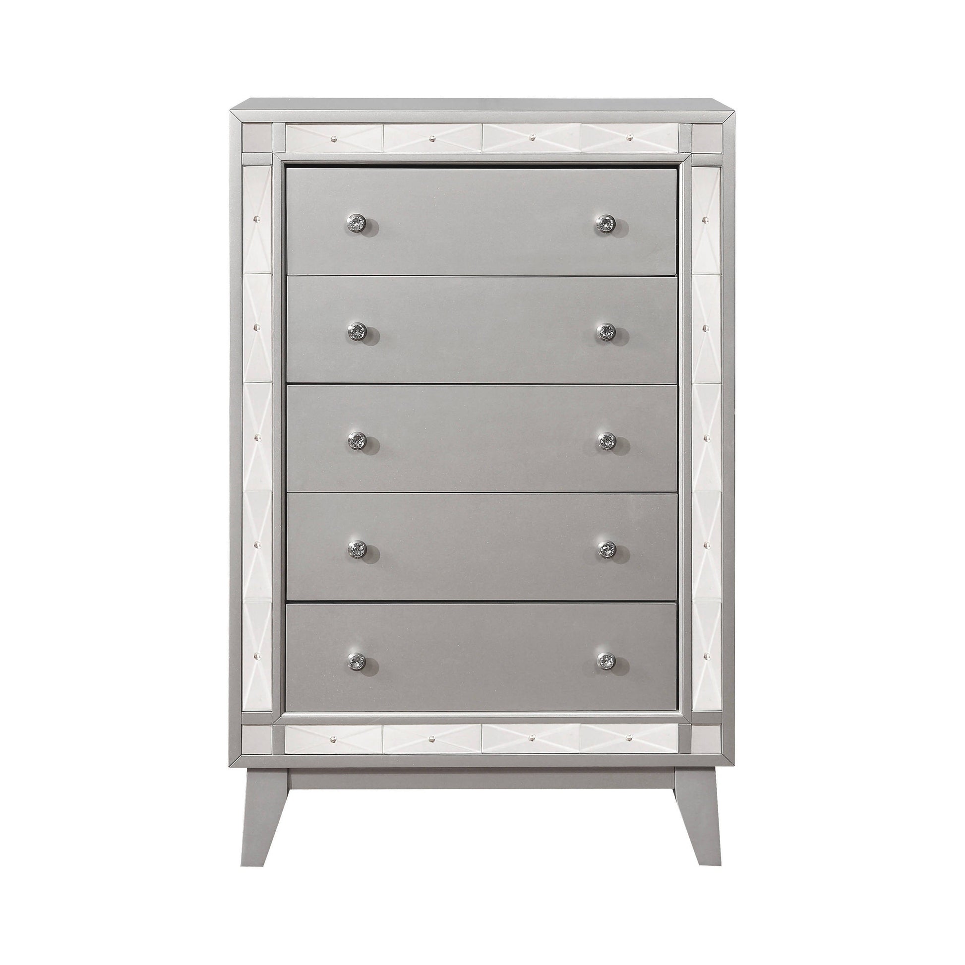 Leighton 5-Drawer Chest Metallic Mercury Collection: This Chest Adds A Touch Of Shimmer To Any Bedroom, Five Large Drawers Offer Plenty Of Convenient Space For Storage. Leighton SKU: 204925 coastmega