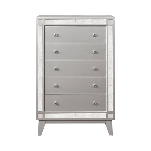 Leighton 5-Drawer Chest Metallic Mercury Collection: This Chest Adds A Touch Of Shimmer To Any Bedroom, Five Large Drawers Offer Plenty Of Convenient Space For Storage. Leighton SKU: 204925 coastmega