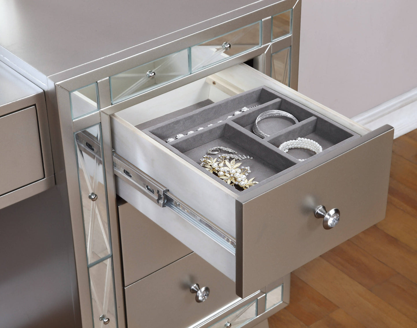 Leighton Vanity Desk And Stool Metallic Mercury Collection: Add Modern Glamour With This Vanity Desk And Stool Set, Etched Mirror Panel Along The Sides Of The Stool And Vanity Front Reflect Light Beautifully Throughout A Space. Leighton SKU: 204927 coastmega