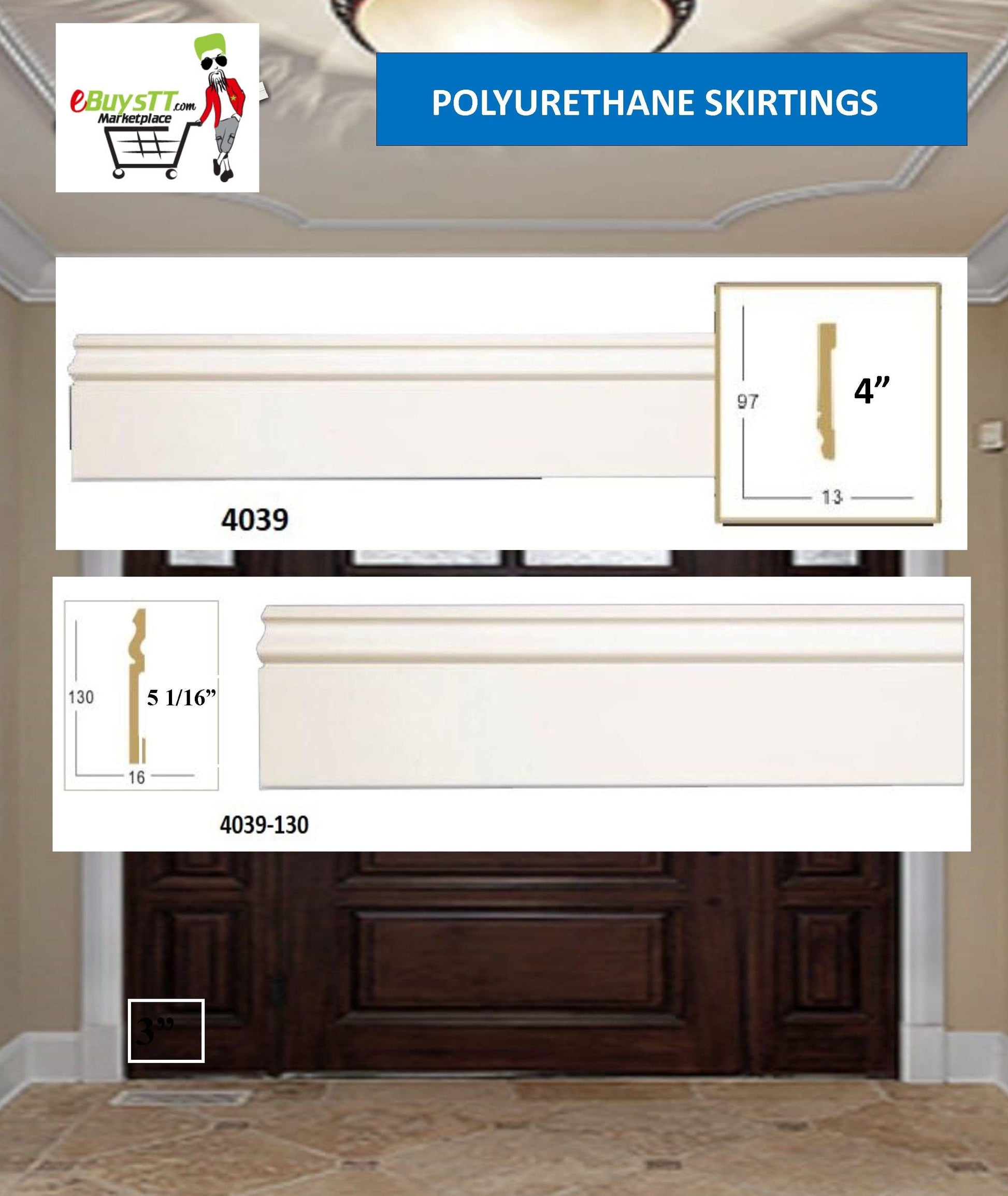 MOULDING Skirtings Base Mouldings Polyurethane 8 FT Length SKIRTING BOARDS, also known as kick boards and baseboards, are the mouldings that run along the bottom of walls MARMEGA