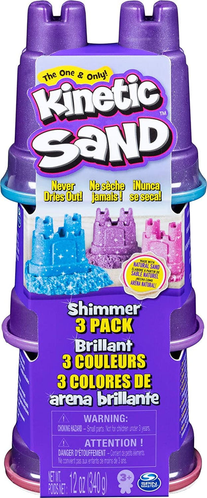 SPIN MASTER  Kinetic Sand Shimmer 3 pack: Three different shimmering pastel shades Castle-shaped container that doubles as a re-useable mold Free of gluten, casein and wheat - 6053520