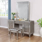 Leighton Vanity Desk And Stool Metallic Mercury Collection: Add Modern Glamour With This Vanity Desk And Stool Set, Etched Mirror Panel Along The Sides Of The Stool And Vanity Front Reflect Light Beautifully Throughout A Space. Leighton SKU: 204927 coastmega