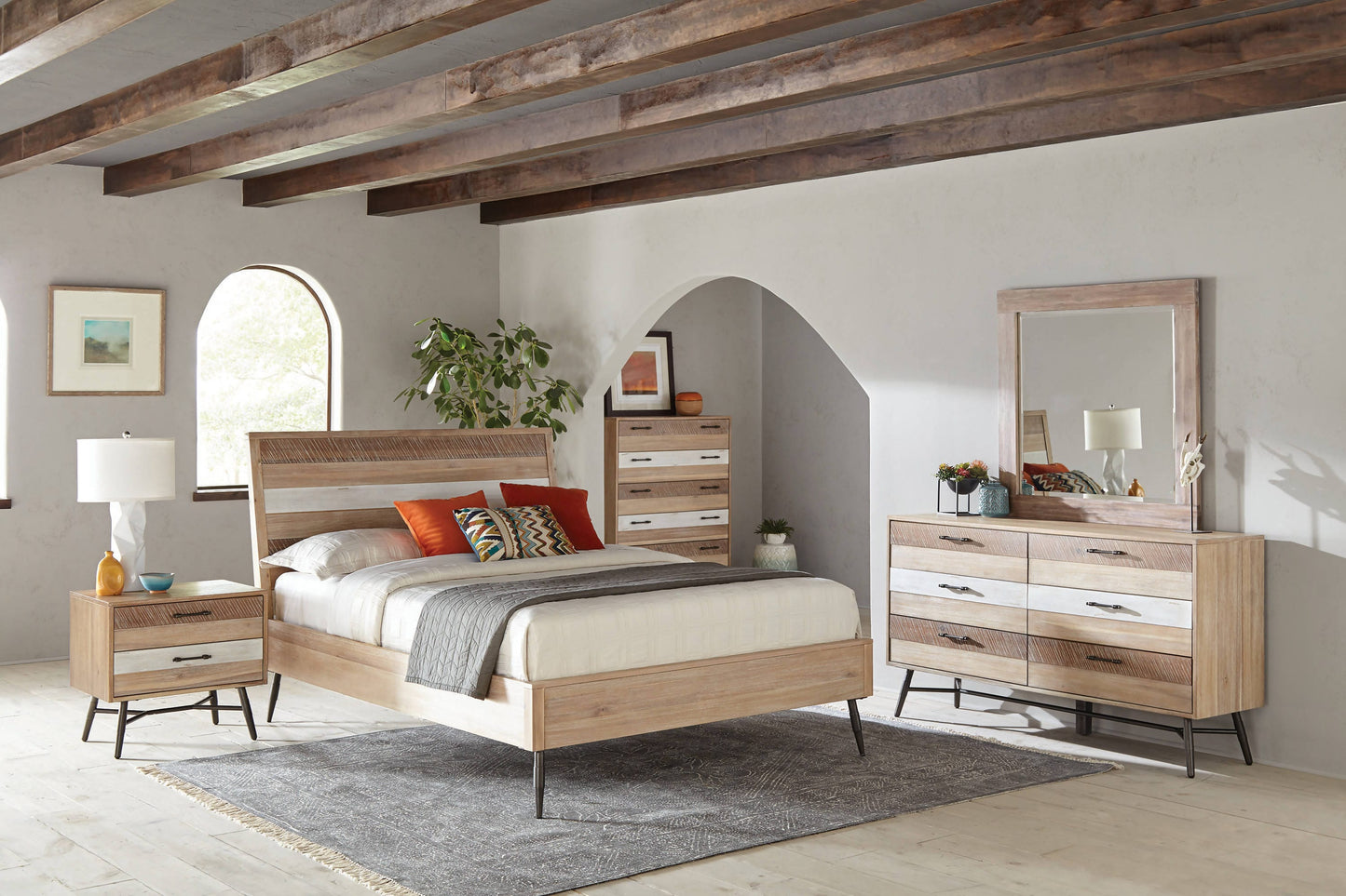Marlow California King Platform Bed Rough Sawn Multi: This Wooden Platform Bed Exudes Classic Appeal. Flared Metal Legs in A Matte Black Finish Enhance It's Appearance With A Cool, Industrial Edge.  - 215761KW coastmega