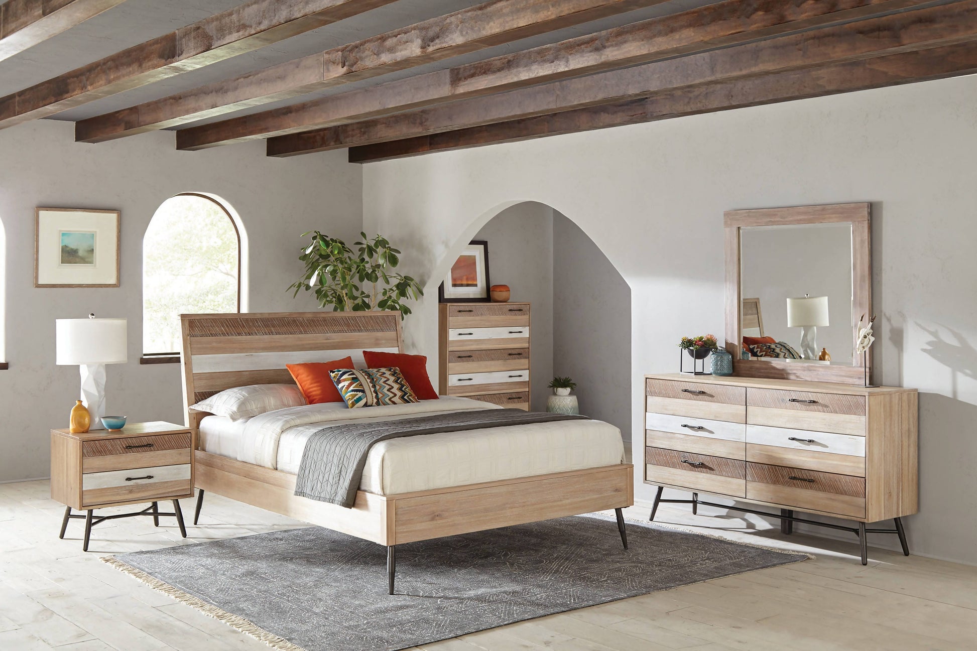 Marlow California King Platform Bed Rough Sawn Multi: This Wooden Platform Bed Exudes Classic Appeal. Flared Metal Legs in A Matte Black Finish Enhance It's Appearance With A Cool, Industrial Edge.  - 215761KW coastmega