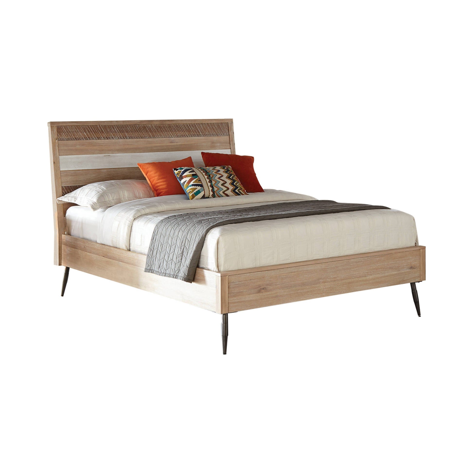 Marlow Queen Platform Bed Rough Sawn Multi Collection: This Wooden Platform Bed Exudes Classic Appeal, Flared Metal Legs In A Matte Black Finish Enhance Its Appearance With A Cool, Industrial Edge. SKU: 215761Q coastmega