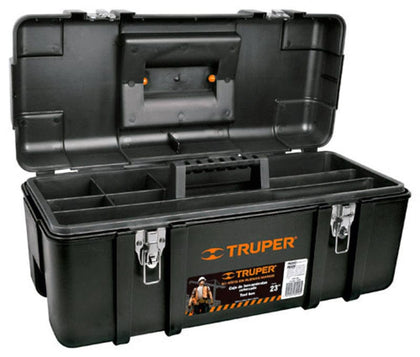 Truper Portable Tool Storage Box, Organizers With Foldable Latches And Removable Tray,Classical Black  11506