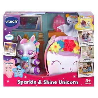 VTECH Sparkle & Shine Unicorn: This super cute unicorn comes in its very own play set handbag that opens and transforms into a unicorn bed - 80-518103