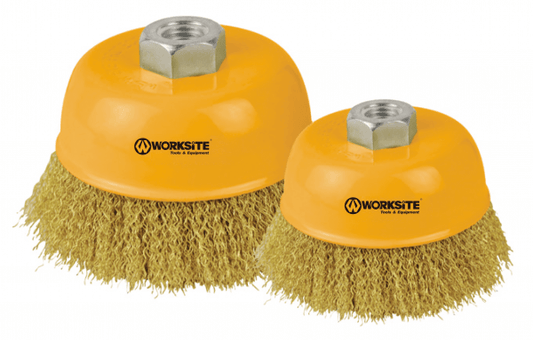 Worksite Wire Cup Brush 100 Millimeter M14, Crimped Wire Cup Brush. For Use With Drill And Angle Grinders. Hex Shank Arbor 4 Inch. Brass Coated. Heavy Duty Cleaning Prior To Welding, Weld Scale And Corrosion Removal, Rust And Paint Removal - WCB075 Worksite Hand Tools