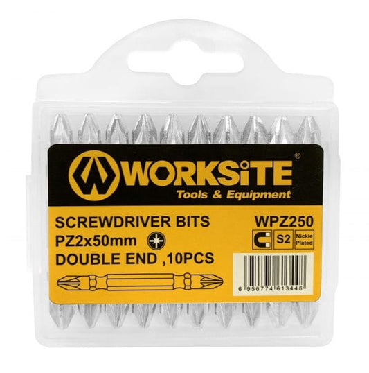Worksite Screwdriver Bit 10pcs, Pozidriv Cross Head, PZ2, 2 inches (50mm), Double End. Made of S2 industrial steel high hardness and torque. Made by German CNC machinery, precisely grip on screw. Nickle plated, with magnetic.-WPZ250 Worksite Hand Tools