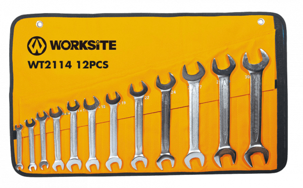 Worksite Double Open End Wrench 12pc Set, Metric. Full Polished Spanners with Chrome Plating, Made with Forged and Heat-Treated Carbon Steel, Include Roll-up Storage Pouch, Metric up to 22mm, Mirror Finish WT2114 Worksite Hand Tools