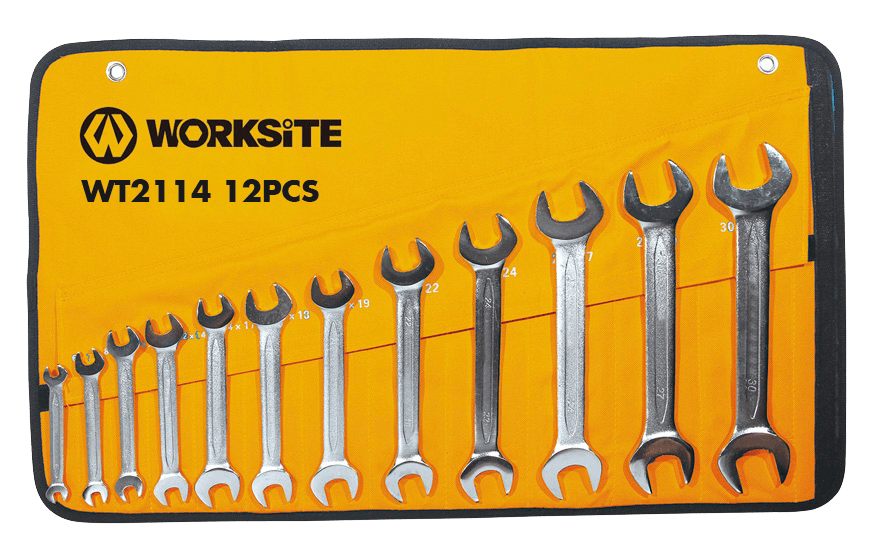 Worksite Double Open End Wrench 12pc Set, Metric. Full Polished Spanners with Chrome Plating, Made with Forged and Heat-Treated Carbon Steel, Include Roll-up Storage Pouch, Metric up to 22mm, Mirror Finish WT2114 Worksite Hand Tools
