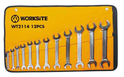 Worksite Double Open End Wrench 12pc Set, Metric. Full Polished Spanners with Chrome Plating, Made with Forged and Heat-Treated Carbon Steel, Include Roll-up Storage Pouch, Metric up to 22mm, Mirror Finish WT2114