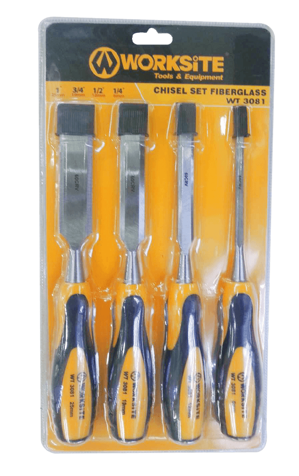 Worksite 4PCS Wood Chisel Set Fiberglass Handle Sizes 6,12,19,25mm. Perfect for Woodworking Professionals, beginner woodworkers, carpenters, engravers, artists. Product Dimensions:	1/4"(6MM), 1/2"(12MM), 3/4"(19MM), 1"(25MM) WT3081 Worksite Hand Tools