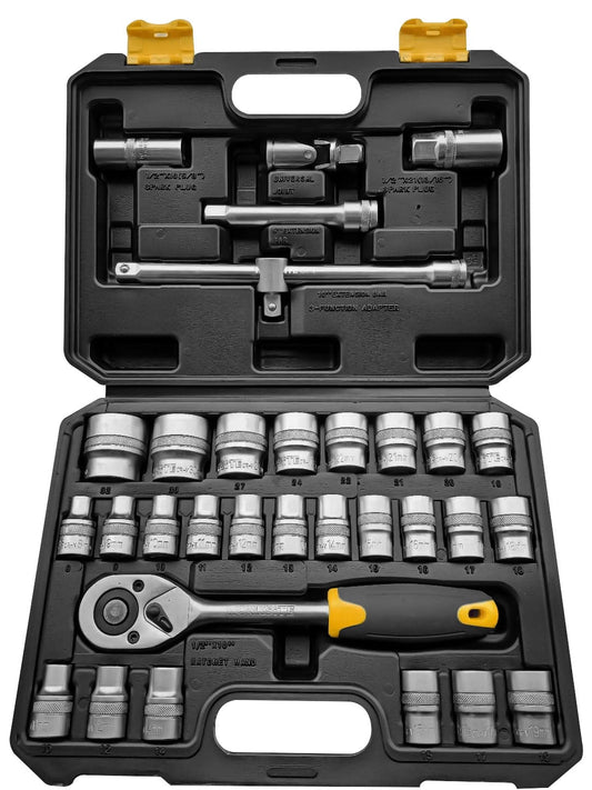 Worksite Socket Set 32pcs 1/2 inch Drive Socket Wrench Set with Extension Bars, Spark Plug Socket, Extension Bar, Universal Joint;  Quick Ratchet Handle WT8054 Worksite Hand Tools