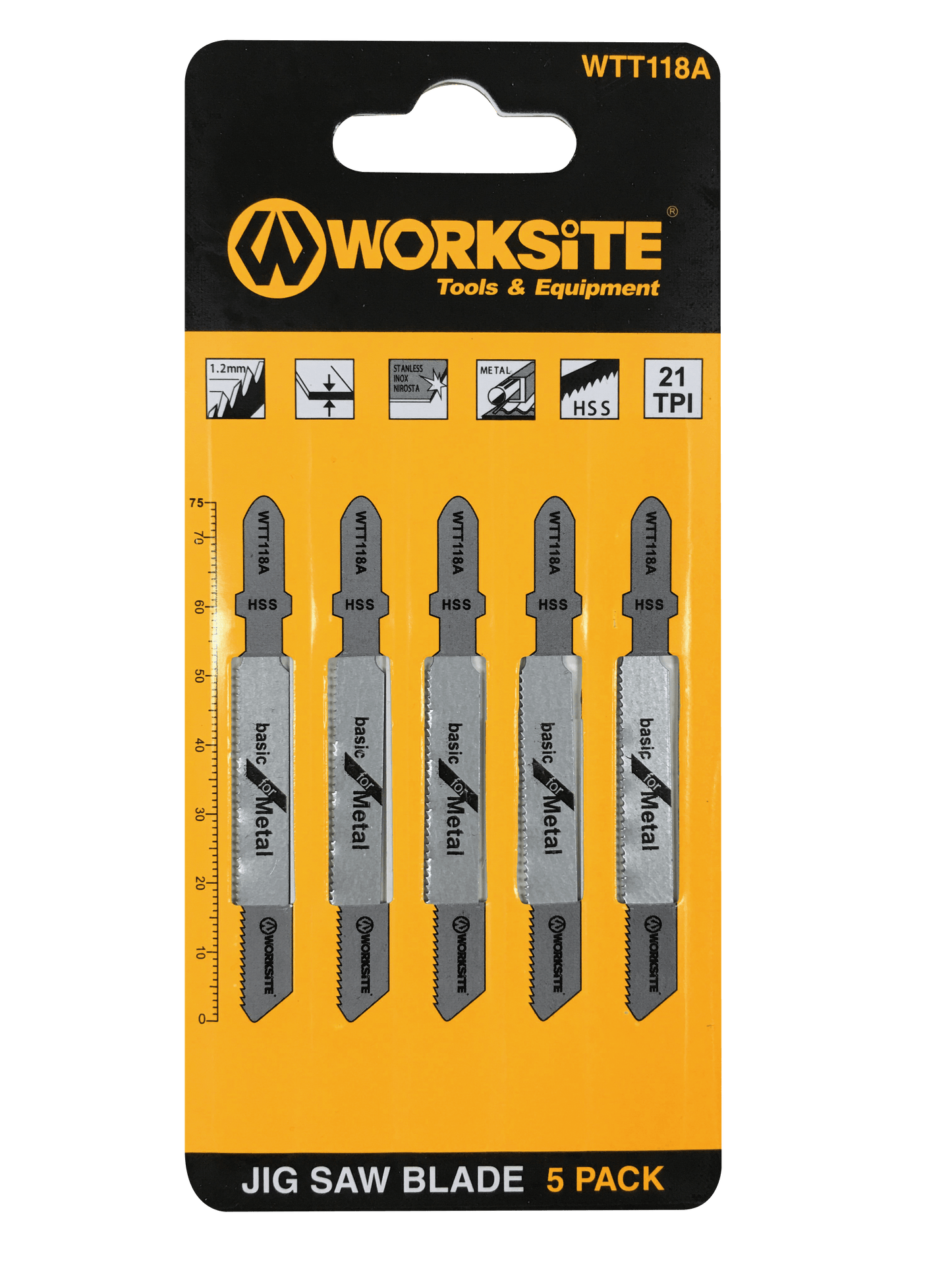 WORKSITE Jigsaw Blade 5 Pcs Set 3 inch X 5/16 inch 21 TPI, HSS T-Shank  Curved and Fast Cuts Optmized for Cutting Metal, WTT118A Worksite Hand Tools