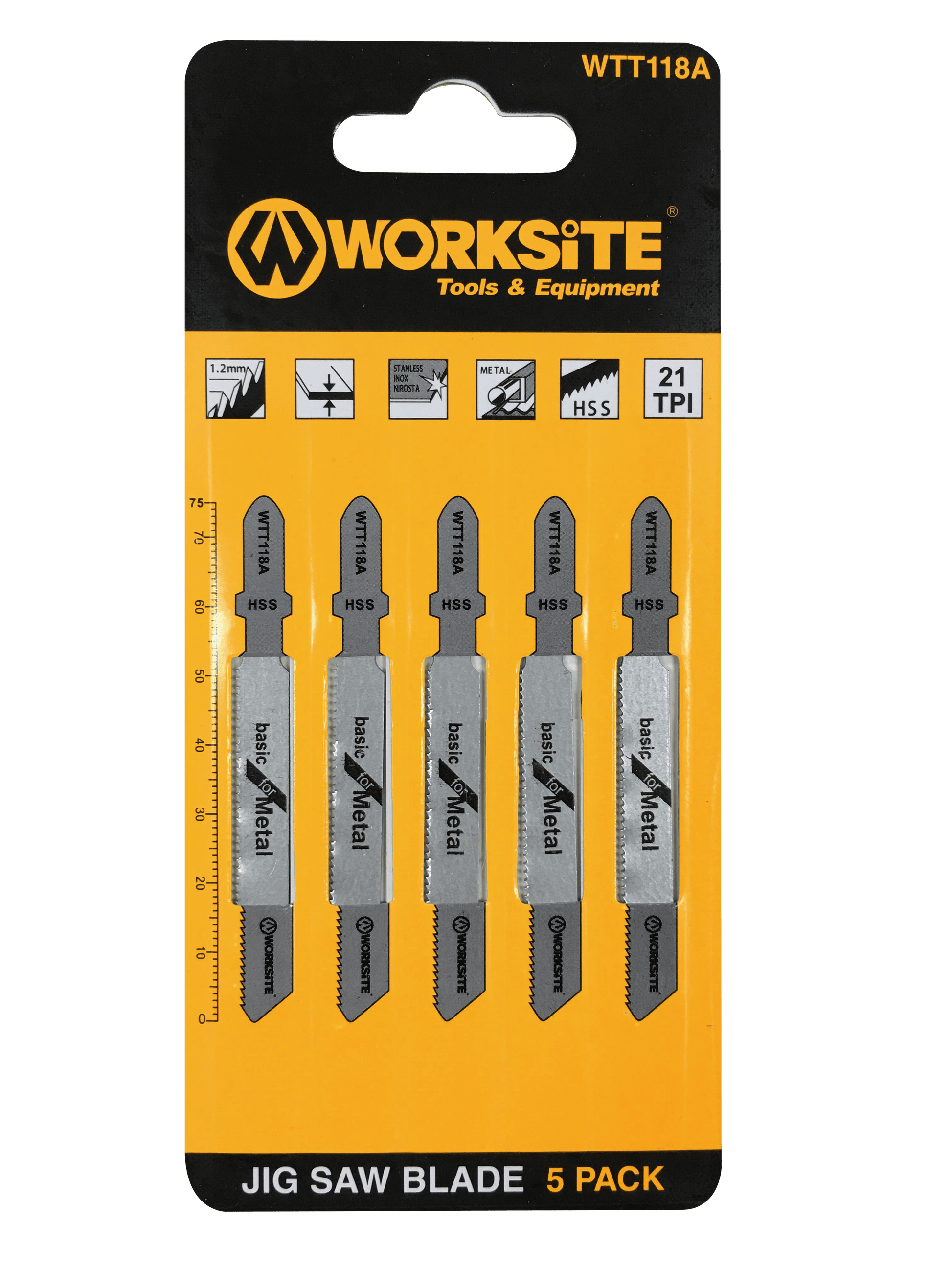 WORKSITE Jigsaw Blade 5 Pcs Set 3 inch X 5/16 inch 21 TPI, HSS T-Shank  Curved and Fast Cuts Optmized for Cutting Metal, WTT118A Worksite Hand Tools
