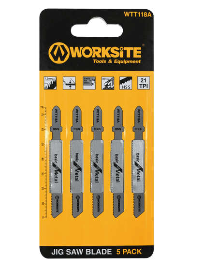 WORKSITE Jigsaw Blade 5 Pcs Set 3 inch X 5/16 inch 21 TPI, HSS T-Shank  Curved and Fast Cuts Optmized for Cutting Metal, WTT118A