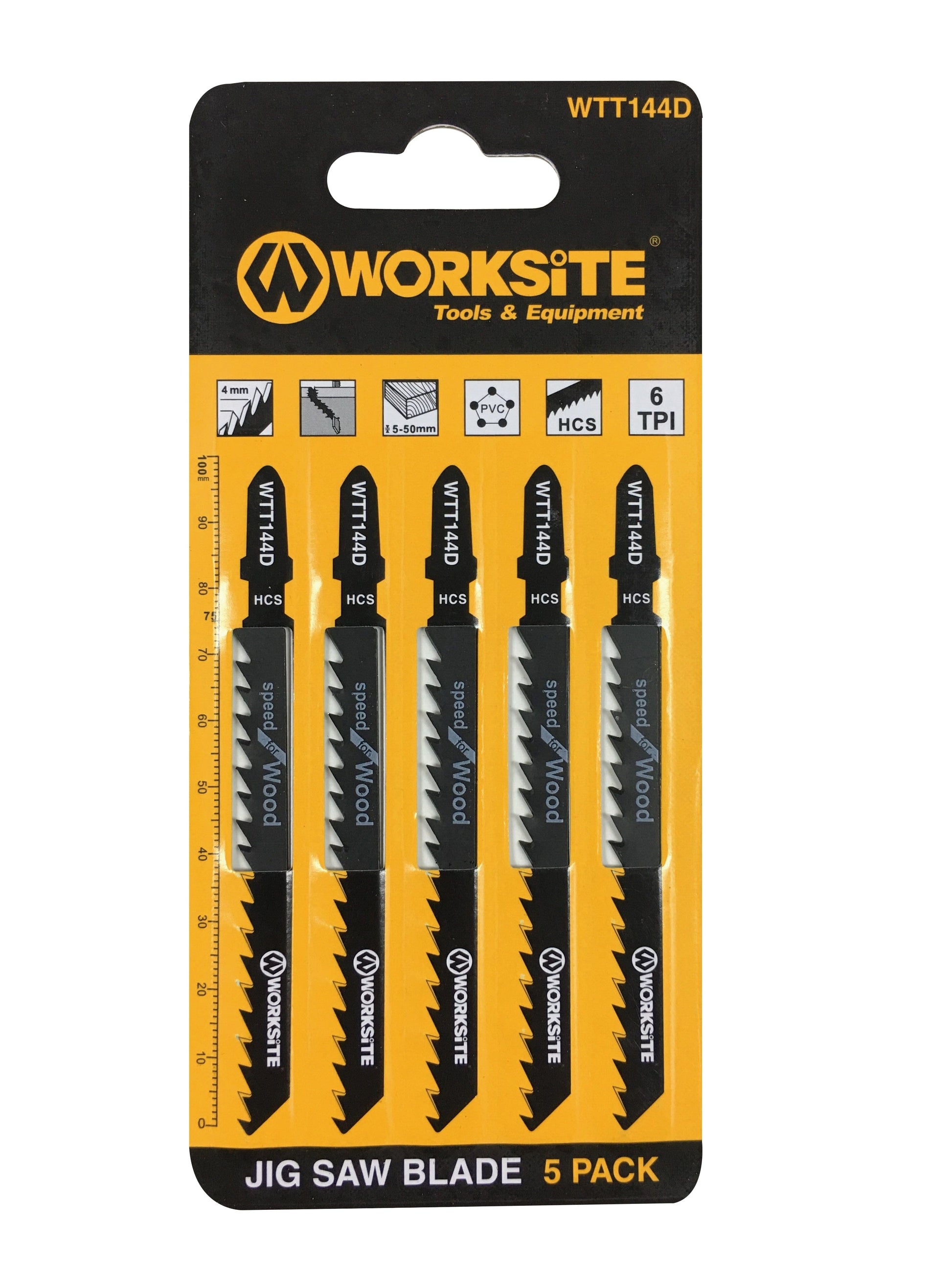 WORKSITE Jigsaw Blade 5 Pcs Set 4 inch X 5/16 inch 6 TPI, HCS T-Shank Jig Saw Blade  for Fast Cutting Wood, designed for high-performance cutting and speed in wood applications WTT144D Worksite Hand Tools