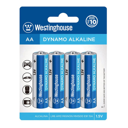 Westinghouse Alkaline AA Battery 4Pack delivers a stable current ideal for high drain household devices, including clocks, remote controls and toys - LR6BP4
