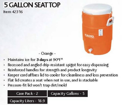IGLOO 5GAL SEAT TOP ORANGE COOLER-42316