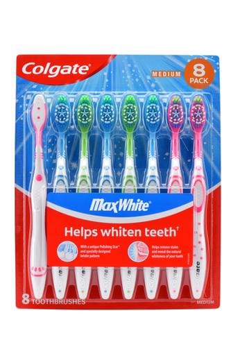 Colgate Max White Toothbrush 8 Units The Colgate Max White toothbrush is a soft- or medium-bristled toothbrush designed with a unique Polishing Star and specially designed bristle patterns-353590-0035000684998